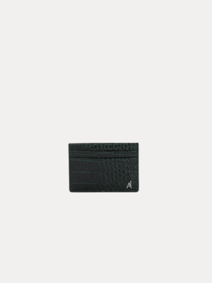 Dark green croc-embossed leather card holder wallet with slim design