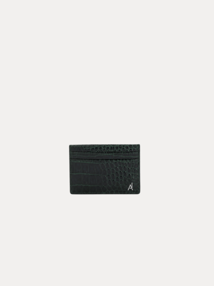 Dark green croc-embossed leather card holder wallet with slim design