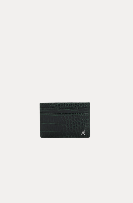 Dark green croc-embossed leather card holder wallet with slim design