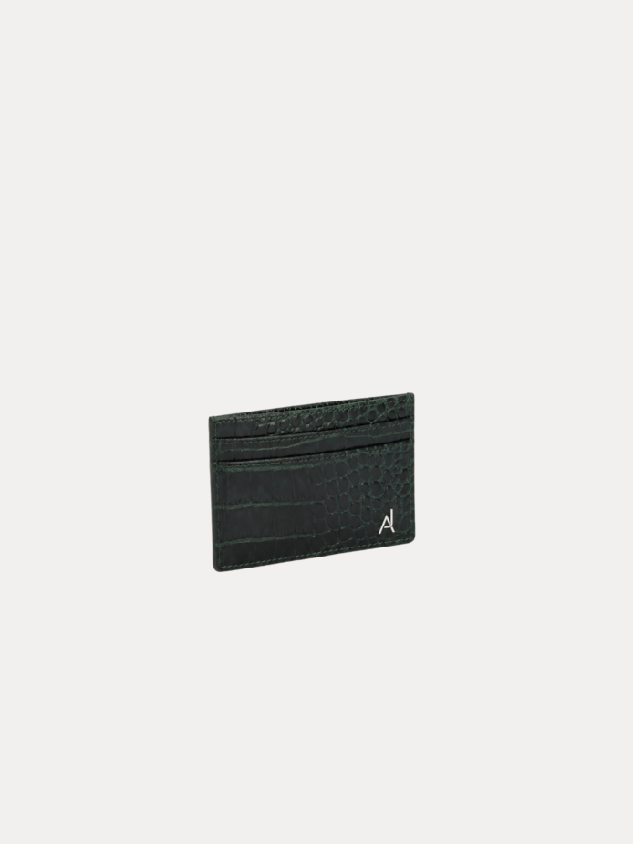 Dark green croc-embossed leather card holder wallet with slim design