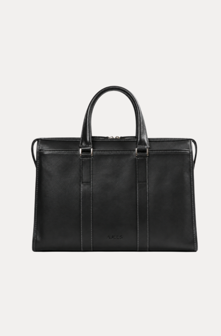 Black leather laptop briefcase with double handles and shoulder strap – AJEES Regal Laptop Bag