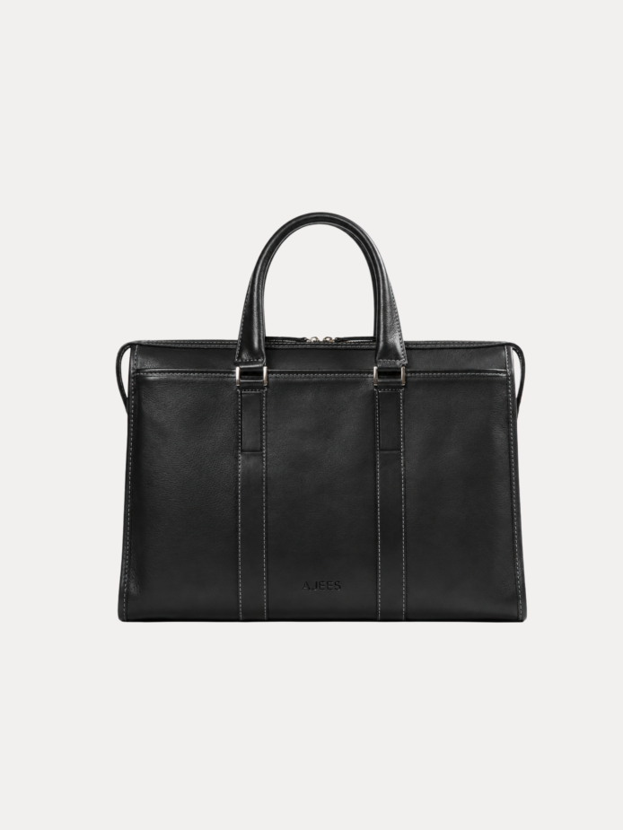 Black leather laptop briefcase with double handles and shoulder strap – AJEES Regal Laptop Bag
