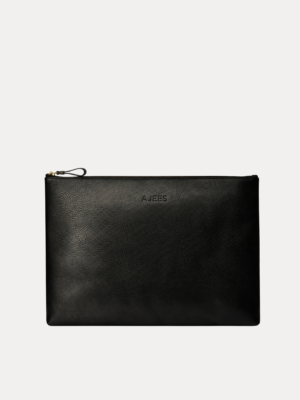 Black leather Late laptop bag with gold zipper and embossed AJEES logo