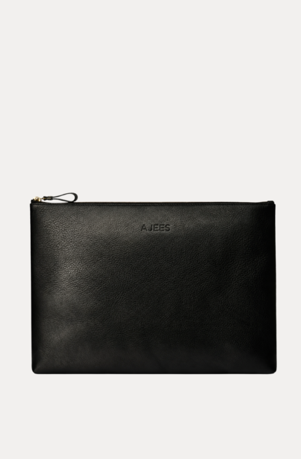 Black leather Late laptop bag with gold zipper and embossed AJEES logo