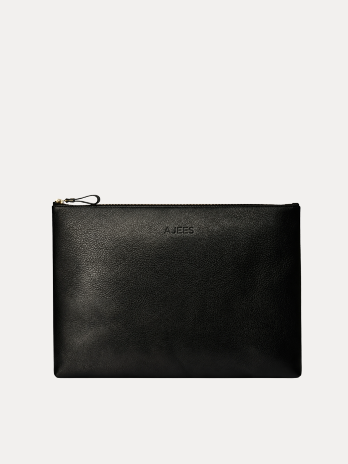 Black leather Late laptop bag with gold zipper and embossed AJEES logo