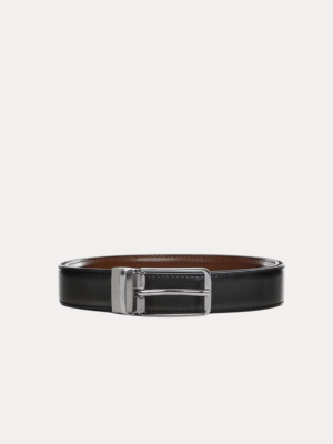 Men's reversible black and brown leather belt with silver rotating buckle