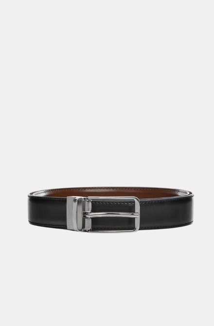 Men's reversible black and brown leather belt with silver rotating buckle
