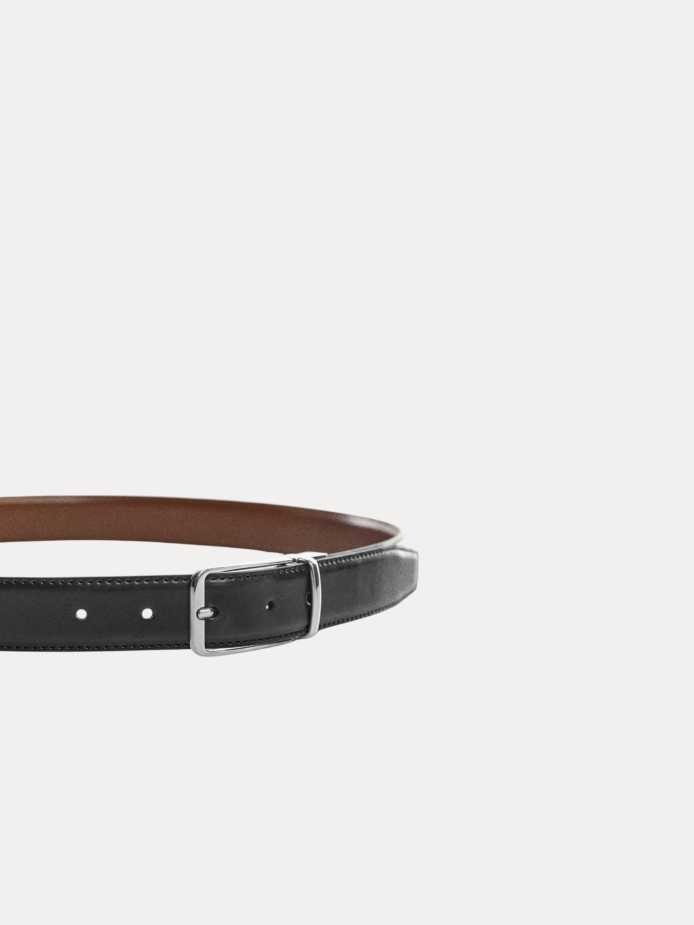Men's reversible black and brown leather belt with silver rotating buckle