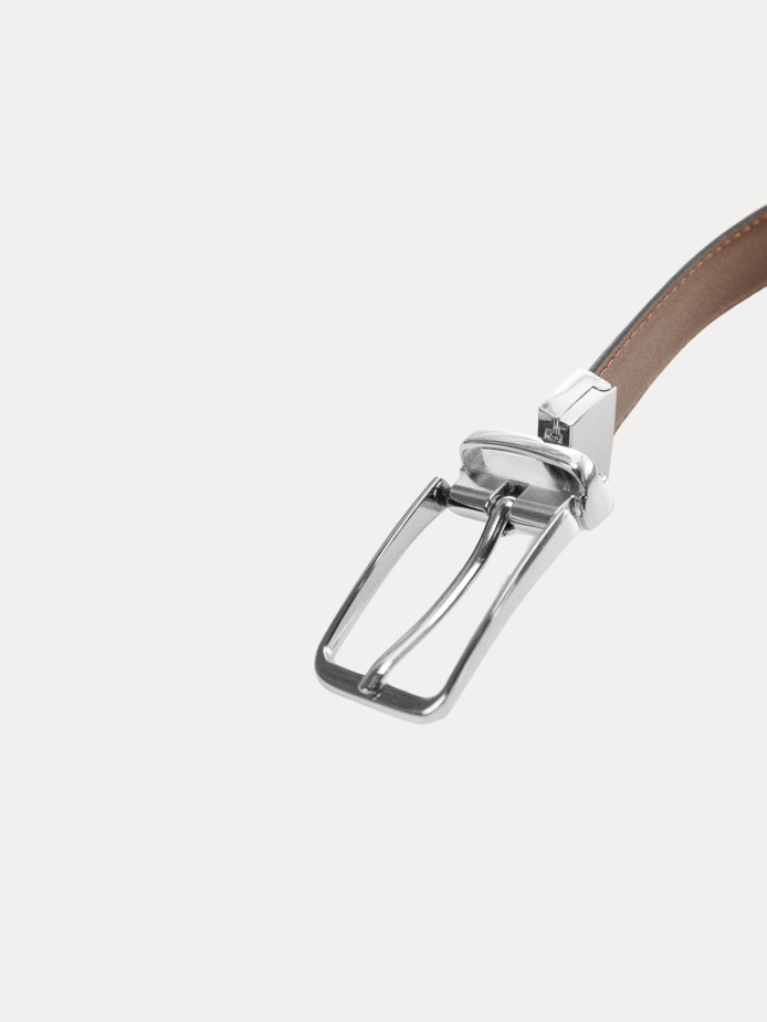 Men's reversible black and brown leather belt with silver rotating buckle