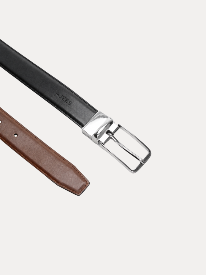 Men's reversible black and brown leather belt with silver rotating buckle