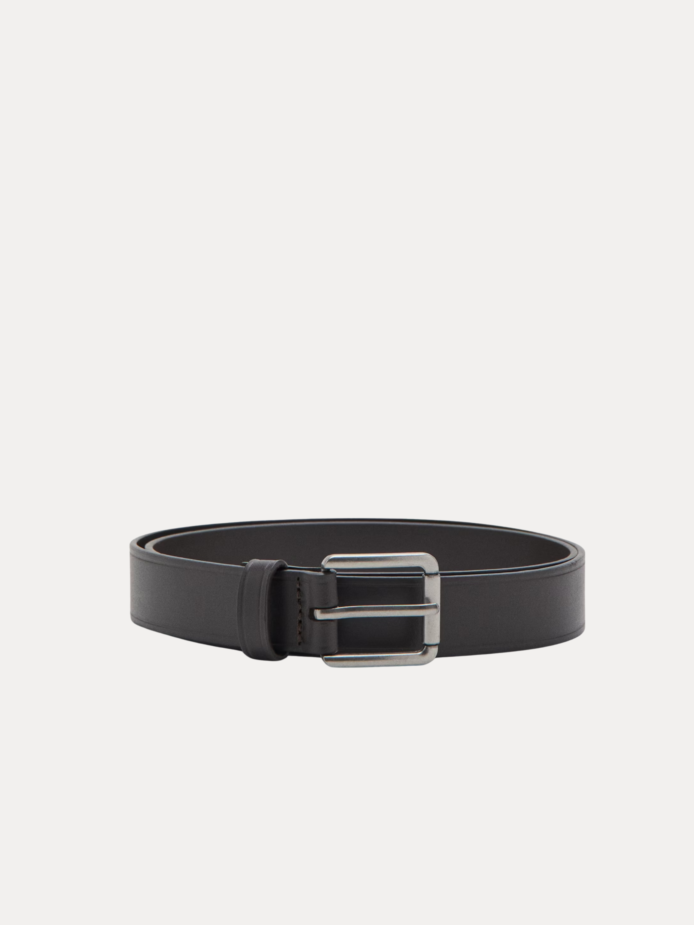 AJEES classic black leather belt for men with a silver-tone metal buckle