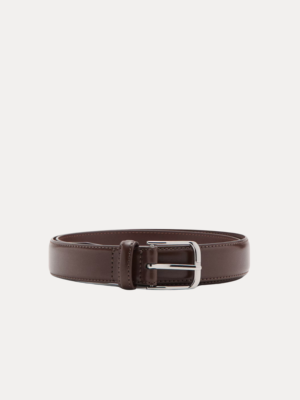 AJEES Renzo brown leather belt for men with stitched edges and silver-tone buckle