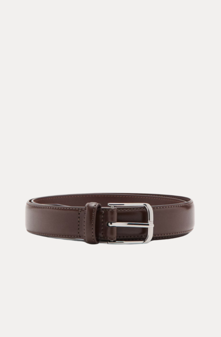 AJEES Renzo brown leather belt for men with stitched edges and silver-tone buckle