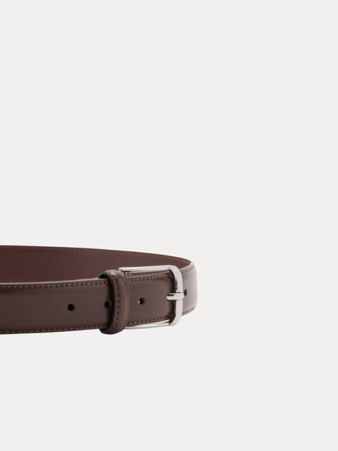 AJEES Renzo brown leather belt for men with stitched edges and silver-tone buckle