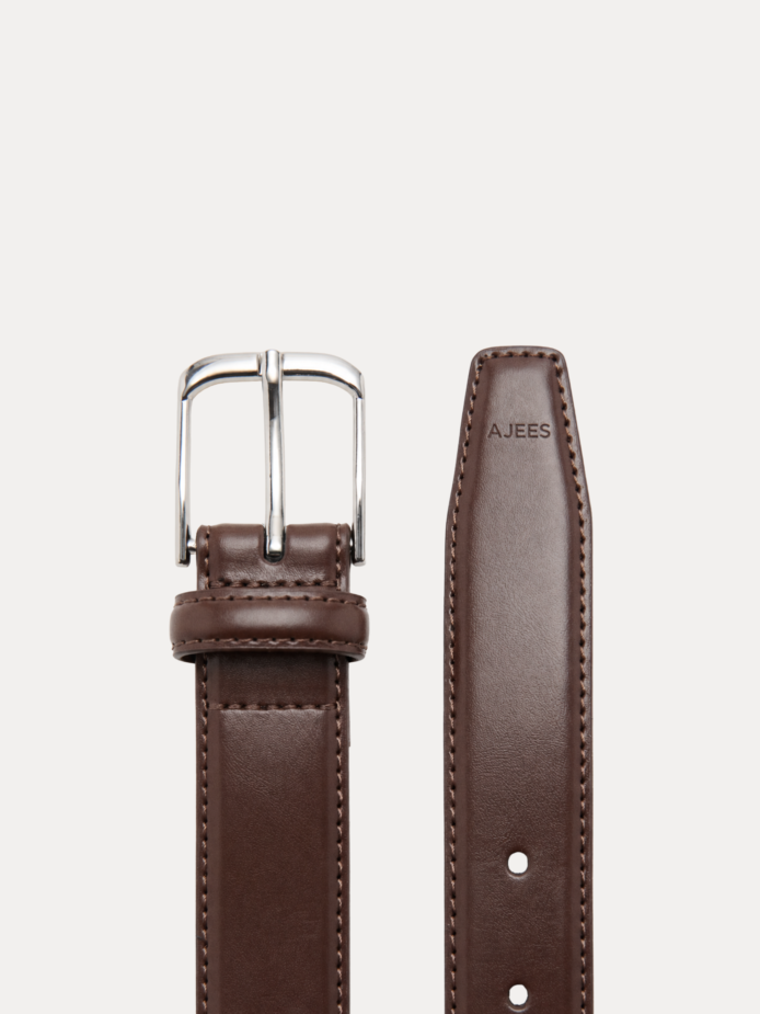 AJEES Renzo brown leather belt for men with stitched edges and silver-tone buckle