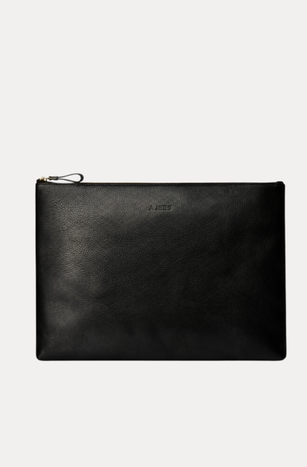 Black leather Late laptop bag with gold zipper and embossed AJEES logo