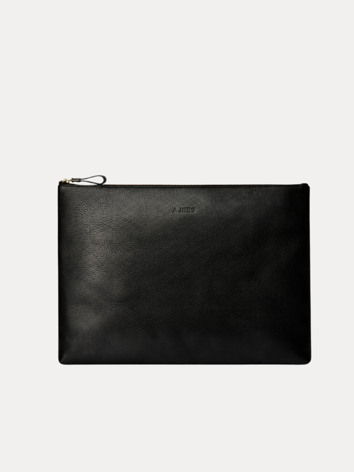 Black leather Late laptop bag with gold zipper and embossed AJEES logo