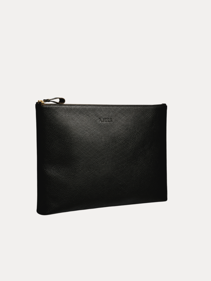 Black leather Late laptop bag with gold zipper and embossed AJEES logo