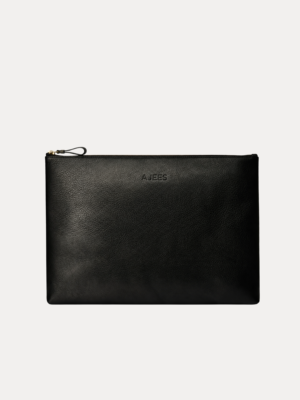 Black leather Late laptop bag with gold zipper and embossed AJEES logo