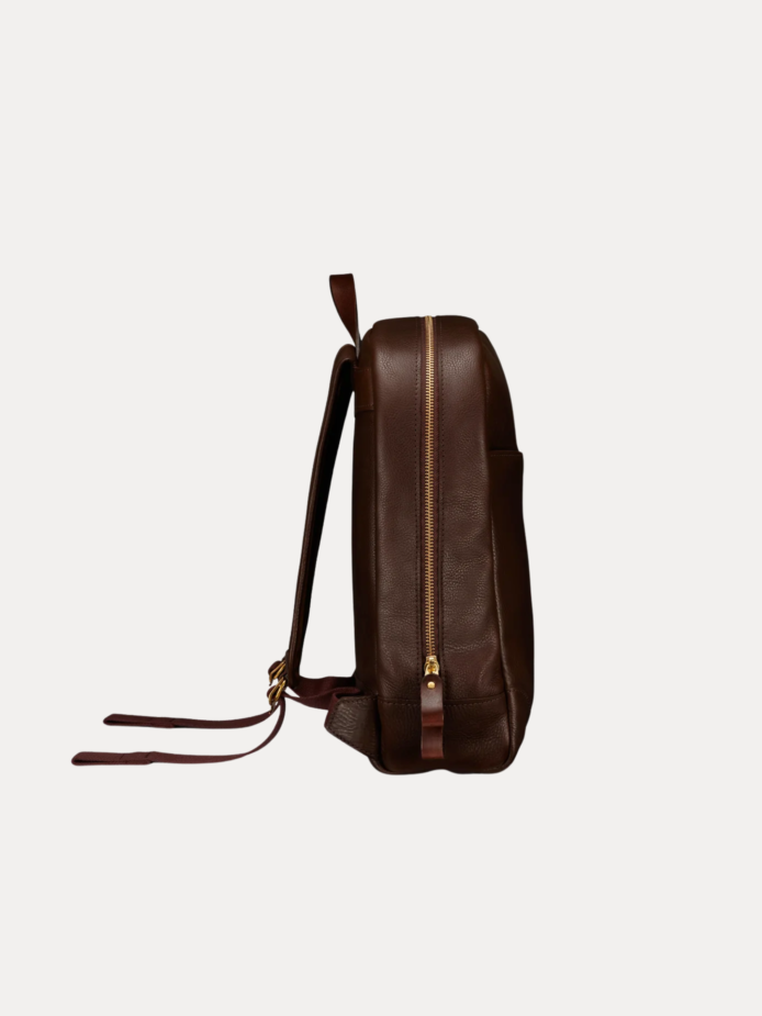 Image 1 (front view): Zenvik brown leather backpack with embossed AJEES logo, brass zippers and top carry handle